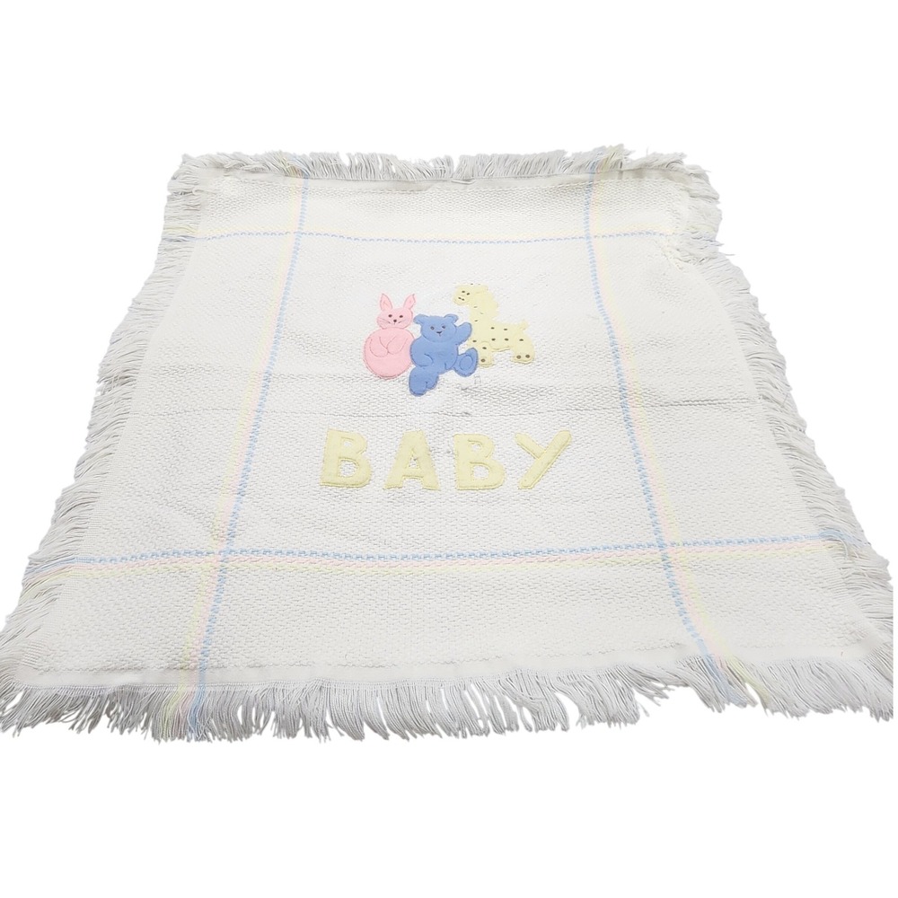 Stork Club Baby Blanket White Acrylic Knit Fringe Giraffe Bear Bunny Italy VTG